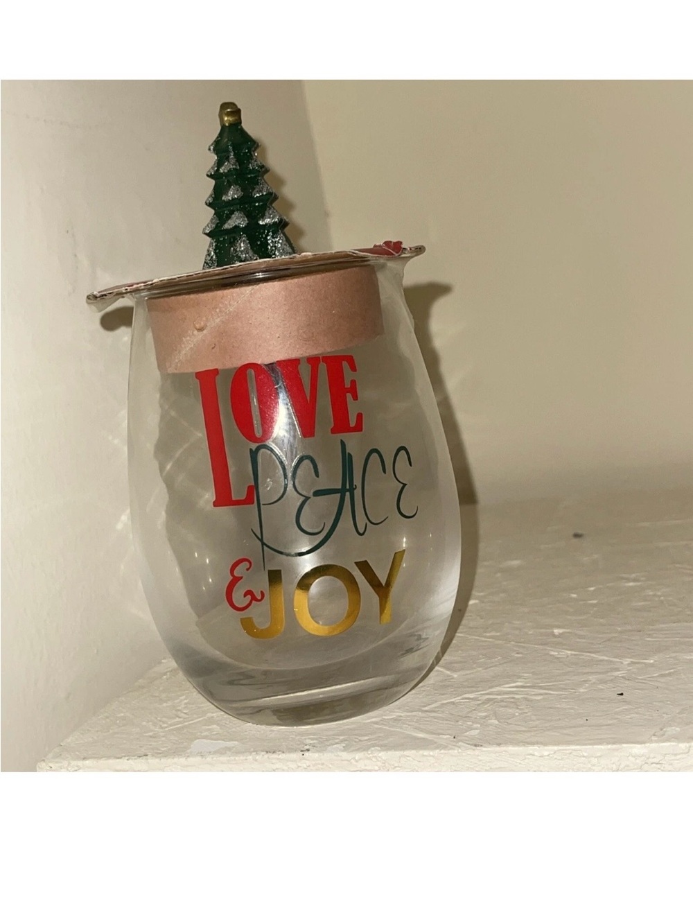 Holiday Time Love Peace Joy Tree 19 Oz Stemless Wine Glass With Bottle Topper